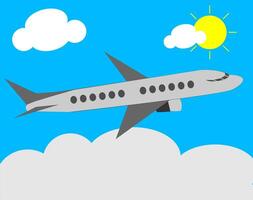 piatto design di aereo con blu cielo ,nuvole e sole vettore