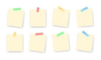 note di carta bianca registrate su sfondo bianco. mockup di blocco note spazio vuoto con nastro adesivo colorato. adatto per elemento di design di illustrazione vettoriale mockup di carta memo.