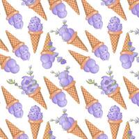 lavanda ghiaccio crema. tre scoop di cremoso dolce dolce nel un' cialda cono. viola sorbetto. senza soluzione di continuità modello. illustrazione. vettore