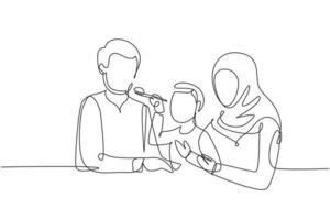 famiglia araba di disegno a una sola linea che si diverte insieme in un ristorante moderno. ragazzo nutre suo padre con amore. felice piccolo concetto di famiglia. illustrazione vettoriale grafica di disegno di disegno di linea continua