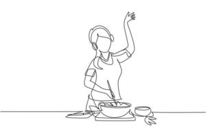 disegno a linea continua singola giovane donna che cucina e ascolta musica in cucina. illustrazione di cibo sano. concetto di stile di vita sano. cucinare a casa. prepara da mangiare. disegno grafico con una linea di disegno vettore