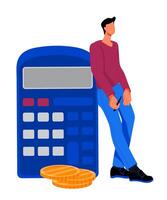 uomo in piedi Il prossimo per calcolatrice con pila di i soldi un isolato illustrazione per contabilità e finanza gestione argomento. finanza calcolo e contabilità, i soldi risparmio. vettore