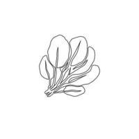 una singola linea che disegna intere foglie di spinaci verdi biologici sani per l'identità del logo della fattoria. concetto di pianta fresca per icona di verdure commestibili. illustrazione grafica vettoriale di disegno di disegno di linea continua moderna