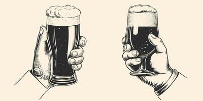 inchiostro mano disegnato mani tintinnante birra occhiali. monocromatico Vintage ▾ incisione schizzo per ragnatela, menù coperchio, manifesto, finestre adesivi, invito per festa oktoberfest Festival. vettore