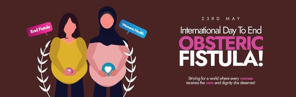 internazionale giorno per fine ostetrico fistola. 23 Maggio internazionale giorno per fine ostetrico fistola consapevolezza bandiera con Due incinta donne, discorso bolle su buio Marrone sfondo. donne Salute striscione. vettore