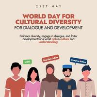 mondo giorno per culturale diversità per dialogo e sviluppo. 21 Maggio mondo culturale diversità giorno celebrazione bandiera con persone di diverso culture. il giorno Spettacoli tranquillo, calmo coesistenza tra persone vettore