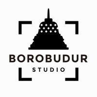 Borobudur tempio con messa a fuoco piazza lente telaio logo design modello vettore