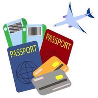 passaporto internazionale, biglietto passeggeri e carta d'imbarco per un aereo, carte bancarie per due persone. concetto di viaggio aereo in aereo, turismo internazionale e viaggi. vettore