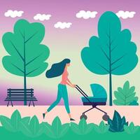 disegno di un' donna con un' bambino passeggino, e un' bambino a piedi nel un' parco con un' armonioso colore tavolozza, e capelli soffiaggio nel il vento vettore