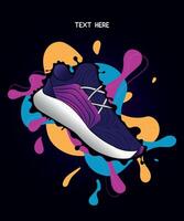 pubblicità illustrazione di gli sport scarpa con sfondo nel colorato spruzzo forme e neon luce, divertimento e moderno design vettore