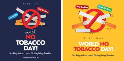 mondo no tabacco giorno. 31st Maggio mondo no tabacco giorno banner impostato con vietato, no cartello, simbolo su sigarette. dire no per fumo concettuale striscioni, inviare modello con buio giallo e blu sfondo. vettore