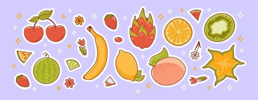 impostato di esotico estate tropicale frutta, nel kawaii stile. Limone, ciliegia, lime, anguria, Drago frutta, stella frutta e kiwi, fragole. salutare cibo. pesca peluria. per adesivi, design elementi vettore