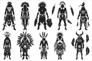 nativo americano indiano costume nero silhouette, giovane donna nel costume di americano indiano. silhouette di bellissimo indiano donne vettore