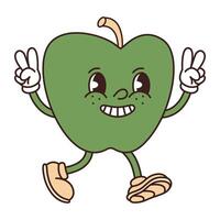 retrò Groovy divertente personaggio verde Mela. cattivo frutta è sorridente. piatto illustrazione isolato su bianca sfondo. vettore