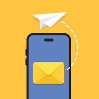 Spedire e-mail a partire dal smartphone icona nel piatto stile. carta aereo illustrazione su isolato sfondo. Messaggio trasferimento cartello attività commerciale concetto. vettore