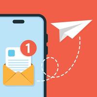 Spedire e-mail a partire dal smartphone icona nel piatto stile. carta aereo illustrazione su isolato sfondo. Messaggio trasferimento cartello attività commerciale concetto. vettore