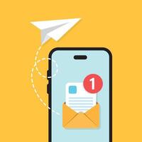 Spedire e-mail a partire dal smartphone icona nel piatto stile. carta aereo illustrazione su isolato sfondo. Messaggio trasferimento cartello attività commerciale concetto. vettore