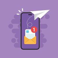 Spedire e-mail a partire dal smartphone icona nel piatto stile. carta aereo illustrazione su isolato sfondo. Messaggio trasferimento cartello attività commerciale concetto. vettore