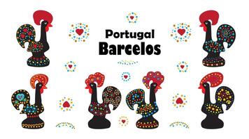 un' impostato di galli - simboli di il portoghese città di barcelos e design elementi, per Souvenirs e turista attività commerciale. vettore
