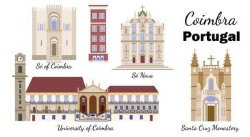 impostato con il viste di coimbra Università città universitaria nel Portogallo. architettonico viste e simboli di Coimbra, stile piatto illustrazione, per striscioni, souvenir carte, stampa su tazze e piatti. vettore