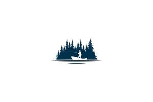 pino cedro conifera conifera sempreverde abete larice cipresso hemlock treccia foresta con pescatore uomo barca pesca avventura all'aperto logo design vettore