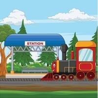 cartone animato treno con ferrovia stazione nel il villaggio vettore