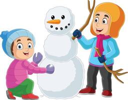 cartone animato contento bambini con un' pupazzo di neve vettore