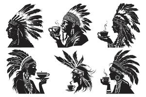 nativo americano tribale capo copricapo piume silhouette, americano indiano capo, bellissimo ragazza indossare un indiano capo copricapo. vettore