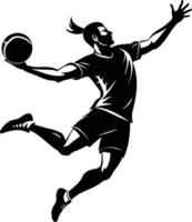palla a mano giocatore nel azione, attacco chiuso nel salto silhouette illustrazione. vettore