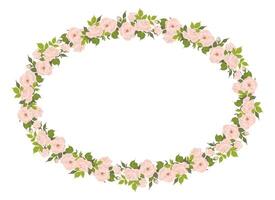 romantico floreale ovale telaio, elegante pastello rosa fiori, mini cuffie e verde le foglie. un' ghirlanda di estate fiori per un' nozze invito nel provence stile. piatto illustrazione. vettore