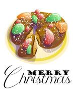 tradizionale portoghese Natale torta bolo rey, illustrazione nel un' piatto cartone animato stile. vacanza carta con il iscrizione allegro Natale. dolci di Portogallo. vettore