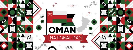 Oman nazionale giorno bandiera con calligrafia Oman bandiera colori tema sfondo geometrico astratto moderno retrò design. vettore