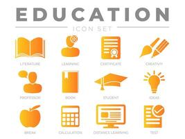 formazione scolastica icona impostare. letteratura, apprendimento, certificato, creatività, professoressa, prenotare, alunno, idee, rompere, calcolo, distanza test icone vettore