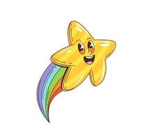 cartone animato retrò Groovy stella personaggio con arcobaleno vettore