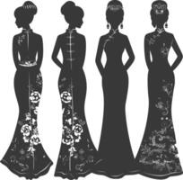 silhouette indipendente Cinese donne indossare cheongsam o zansae nero colore solo vettore