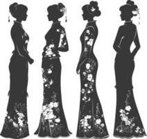 silhouette indipendente Cinese donne indossare cheongsam o zansae nero colore solo vettore