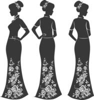 silhouette indipendente Cinese donne indossare cheongsam o zansae nero colore solo vettore