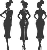 silhouette indipendente Cinese donne indossare cheongsam o zansae nero colore solo vettore