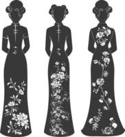 silhouette indipendente Cinese donne indossare cheongsam o zansae nero colore solo vettore