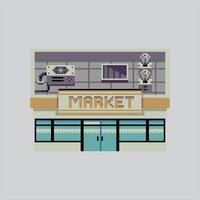 pixel arte illustrazione supermercato. pixelated mercato. supermercato memorizzare edificio pixelated per il pixel arte gioco e icona per sito web e gioco. vecchio scuola retrò. vettore