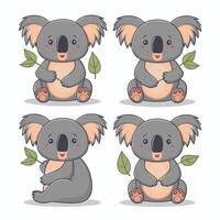 impostato di carino grigio koala orso nel diverso pose mangiare addormentato le foglie cartone animato animale design piatto illustrazione isolato su bianca sfondo vettore