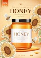 girasole miele Prodotto con api nel 3d illustrazione con girasole incisioni vettore