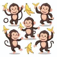 seduta, saltare, in esecuzione, impiccagione, a passeggio, in piedi divertimento scimmia silhouette. isolato illustrazione. vettore
