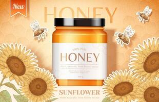 girasole miele Prodotto vaso con api nel 3d illustrazione con girasole e Favo incisioni vettore