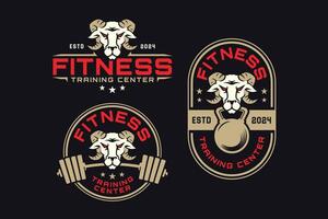 capra con manubrio e kettlebell logo design per fitness, palestra, bodybuilding, sollevamento pesi club vettore