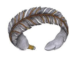 gioielleria design fantasia piuma braccialetto schizzo di mano su carta. vettore