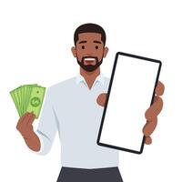 giovane uomo d'affari mostrando o Tenere un' nuovo digitale smartphone e i soldi su il altro mano. vettore
