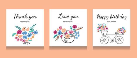 saluto carte con fiori composizione, piazza modelli con copia spazio, preparativi con fiore cestino, floreale mazzo, San Valentino o compleanno carta impostare, regalo per Da donna giorno, madri giorno vettore