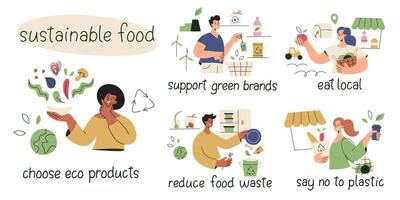 sostenibile cibo scene collezione. persone acquistare Locale, ridurre sciupare, mangiare eco amichevole cibo. ecologia composizioni impostato con scritte, no plastica. illustrazioni di verde stile di vita vettore