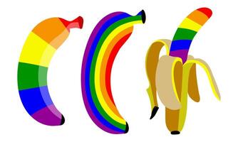 un' impostato di banane colorato nel un' arcobaleno. isolato frutta con colore. un Aperto e chiuso Banana nel diverso pose. un lgbt cartello. adatto per sito web, blog, Prodotto confezione, casa arredamento, Stazionario vettore